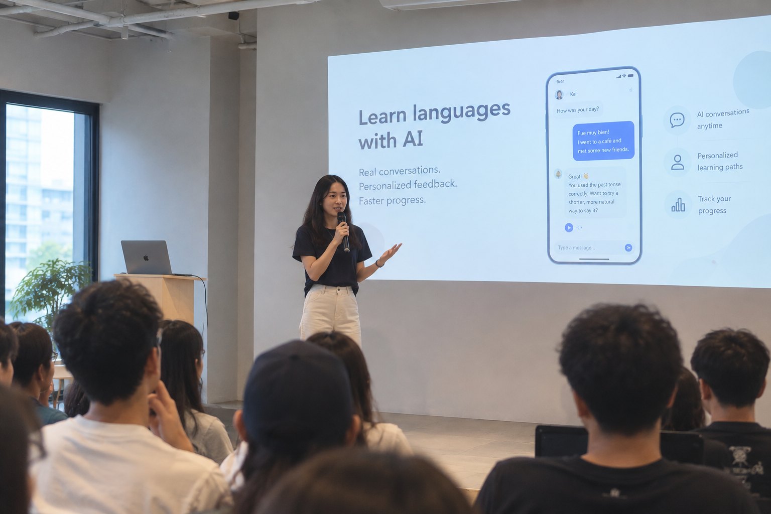 A student pitching with a microphone to a seated audience