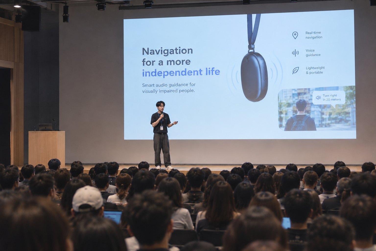 A student presenting a project on stage to a packed auditorium